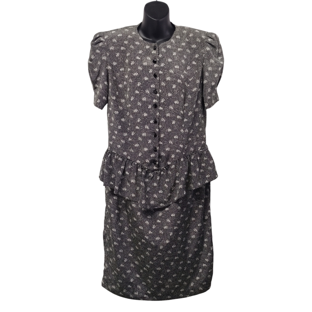Vtg 80s Liz Roberts Black White Ruched Short Sleeve Dress Size 12